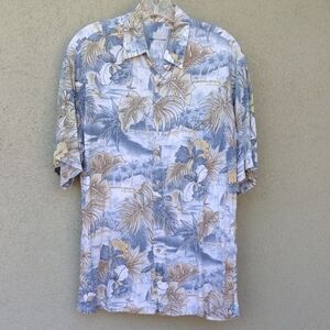 Worn Half Moon Bay Blue Tropical Print Shirt M